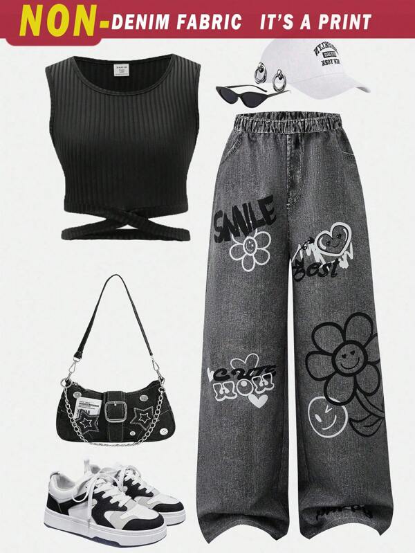 SHEIN 2pcs Teen Girls Casual Street Graffiti Print Denim Effect Wide Leg Pants + Cross Knitted Vest Set, Basic Outfit