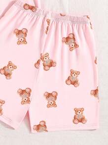 Set de 2 piezas de pijama para niñas preadolescentes, ajustado con estampado de oso de peluche y sakura rosa, top de manga corta y pantalones cortos, cómodo y con estilo