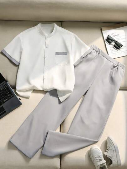 2 件套青少年男孩休闲时尚绅士拼接短袖衬衫和灰色长裤，适合夏季日常穿着和外出