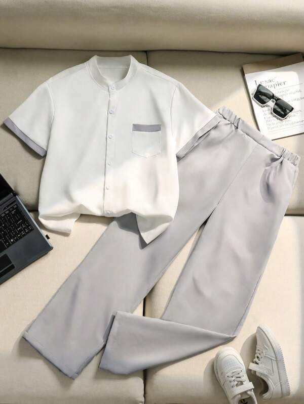 2 Stücke/Set Teenager Jungen lässiger Gentleman Stil Hemd mit Patchwork Kurzarm & graue lange Hose, geeignet für Sommer Alltag und Ausgehen