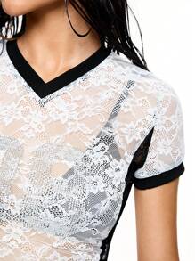 ROMWE Street Life T-shirt femme avec décorations en strass en forme de numéro 08, en dentelle transparente, dans le style Y2K sexy