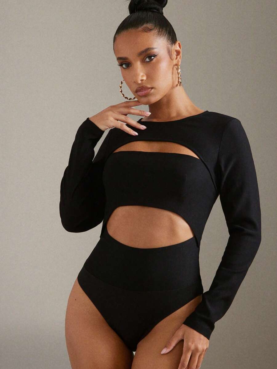 Hauture Cut Out Round Neck Keyhole Long Sleeve Bodysuit, Business Casual Outfits Woman - Black - View 1