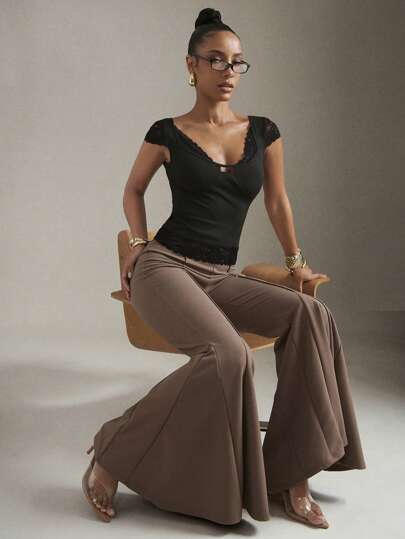 Hauture 女士纯色蕾丝拼接圆领性感 T 恤，适合夏季