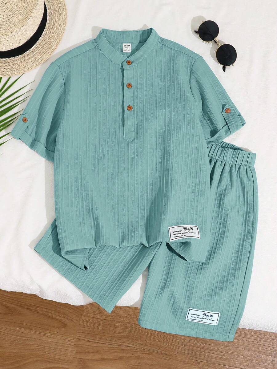 SHEIN Tween Boy Casual Vacation Korean Style Half-Zip Short Sleeve Pullover Top & Printed Swim Shorts 2 Pieces Set - Green - View 1