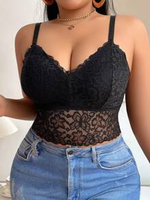 SHEIN Non-Wired No-Cup Sexy Plus Size Lace Lingerie - Black - View 4