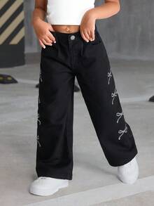 SHEIN Sparklyn Girls' Casual Jeans With Cute Bowknot And Embroidery, Comfortable Street Style Straight Leg Pants Fall Winter - Black - View 3