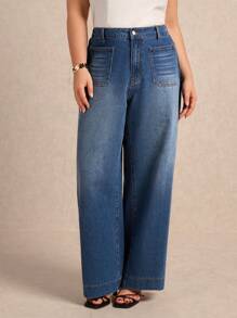 Elaquor Plus Size Casual Washed High Waist Loose Fit Jeans - Medium Wash - View 1