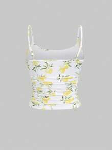 Sweetra Women Casual Summer Fresh Lemon Pattern Pleated Camisole, Suitable For Summer