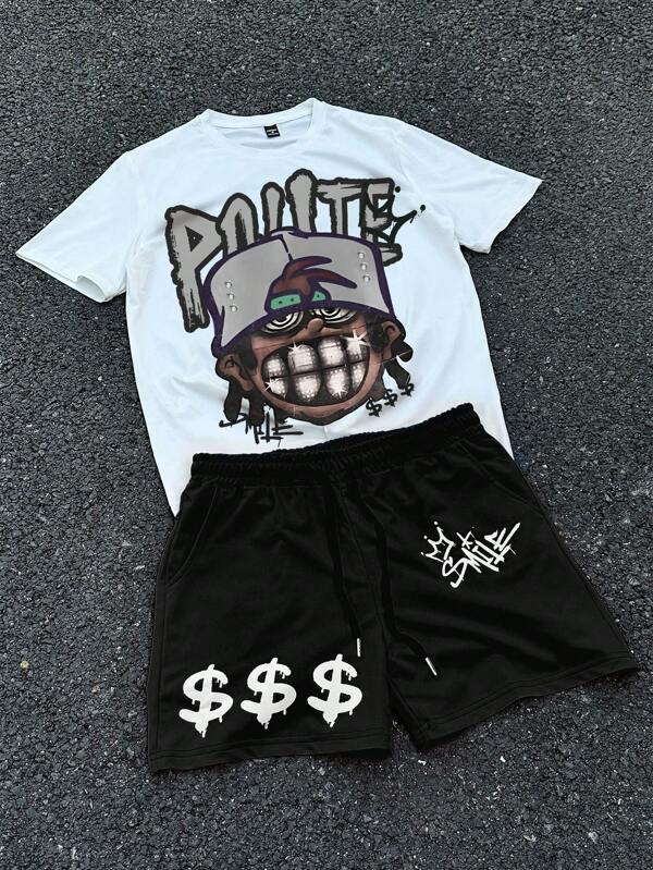 Manfinity Streetrush 2pcs Outfit - White T-Shirt With Contrast Orange Graffiti Figure Print And Orange Shorts Set, Men's Graphic Short Set, Black And White Men's Shorts Set, 2 Piece Men's Shorts Set