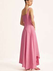 Chiquease 优雅复古宽肩心形领口无袖收腰不对称拼接透明纹理超长 A 字形连衣裙 - 粉色 - 查看 2