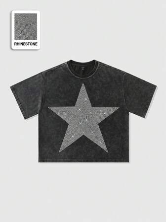 Camiseta suelta de corte corto con lavado de rhinestones para hombres, para rave