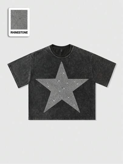 Herren Strass gewaschenes, weites, kariertes Crop T-Shirt, Rave