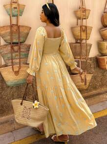 SHEIN Clasi 大码花卉印花宽松休闲长袖连衣裙 - 黃色 - 查看 6