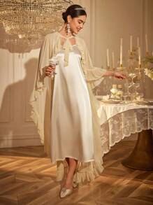LuxeNights Wedding Season Women Luxury Handcraft Asymmetrical Ruffle Tie Mesh Robe + Charmeuse Slip Dress Set