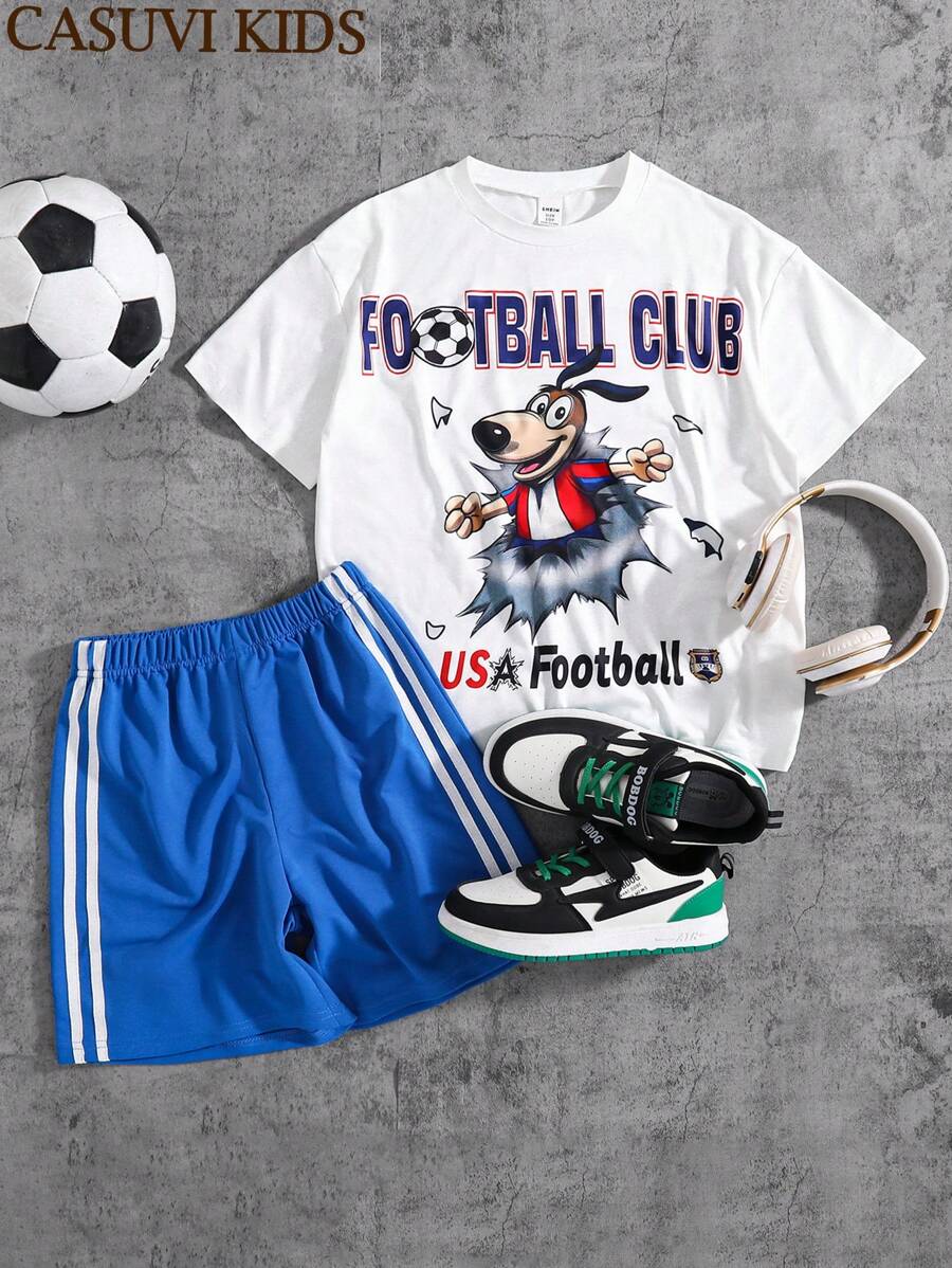 SHEIN Explorewe 2pc Boys Cartoon Printed T-Shirt And Casual Sports Shorts Set, Suitable For Summer - Multicolor - View 1