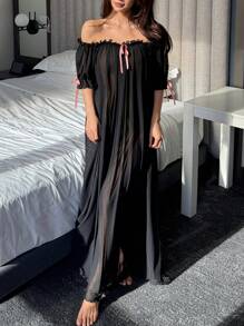 DAZY Sexy Women's Attractive Sheer Mesh Off-Shoulder Ruffle Hem Long Nightgown Pajama - Black - View 6