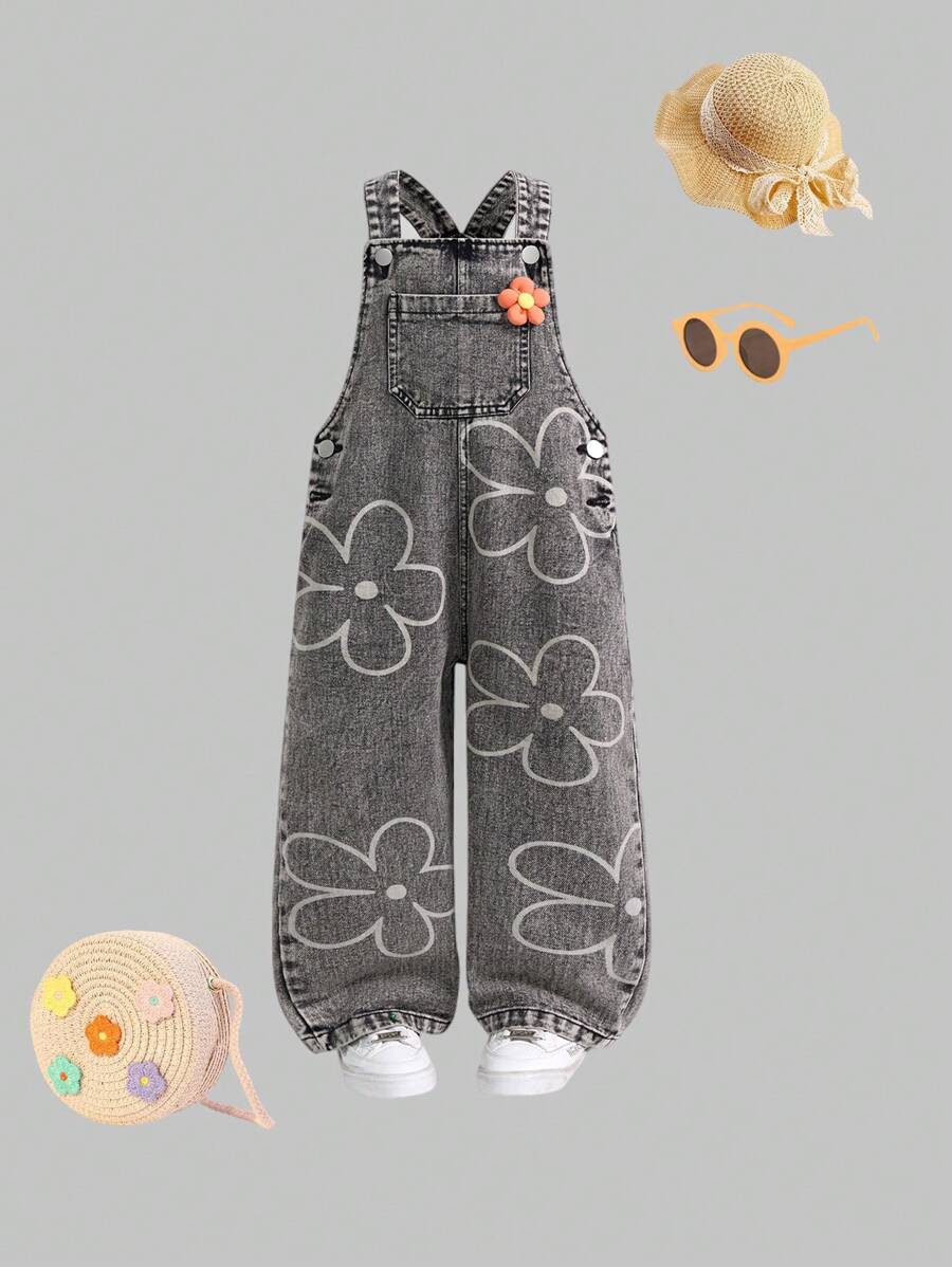 SHEIN Ung flicka sommar casual blommigt tryck jeansoveraller med fickor