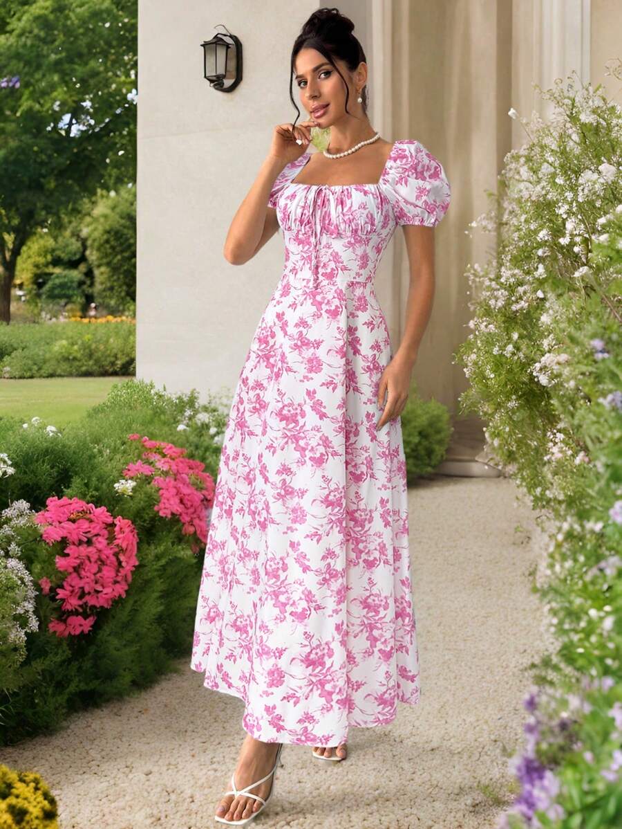 SHEIN Privé 女士花朵性感方领泡泡袖花卉印花前系带连衣裙，波西米亚风连衣裙，适合情人节、音乐会、表演、约会、派对、庆典、婚礼季节、性感、优雅、通勤、返校、度假、海滩、浪漫 - 粉色 - 查看 1