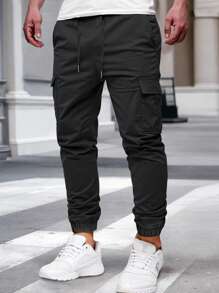 Manfinity Homme Einfarbige Cargo-Hose mit Kordelzug in der Taille, figurbetonter Passform, plissiert, mit mehreren Taschen, lässig, Herbstkleidung