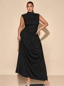 SHEIN BAE 大码女式优雅无袖褶皱长裙，春夏无袖立领纯白色不对称褶皱超长裙，适合秋冬季作为打底裙、法式连衣裙、晚礼服、生日礼服、伴娘礼服、休闲优雅连衣裙、女士正式礼服 - 黑色 - 查看 3