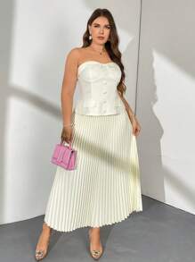 Firerie Plus Size Women Elegant Office Commute Concert Wedding Strapless Suit Vest Top And Pleated Skirt 2 Pieces Set, Strapless Simple Commute 2 Pieces Set - Apricot - View 3