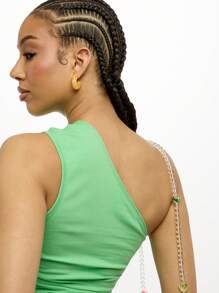 SUMWON WOMEN Island Girl One Shoulder Tank Top Tropical Summer Beach Ruched Side Drawstring Hawaiian Surf Vacation Festival Crop Sleeveless Off The Shoulder Top - Green - View 7