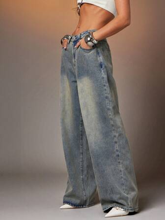 Denimoi 抽象水洗宽松牛仔裤，适合夏季的时尚