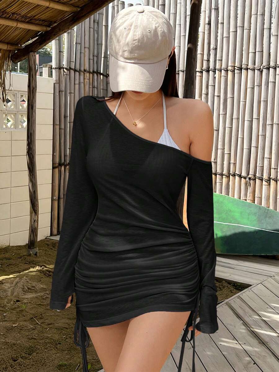 DAZY 女士性感纯色褶皱系带无肩带沙滩罩衫泳衣长袖上衣度假 - 黑色 - 查看 1