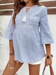 SHEIN 孕妇度假休闲条纹刺绣喇叭袖衬衫 - 藍色 - 查看 7