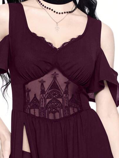 Goth Gothic Embroidered Hollow-Out Deep V-Neck Open Shoulder High Slit Dress Women Blouse