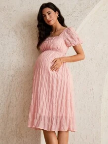 MaterniWear 孕妇休闲纯色纹理泡泡袖连衣裙，夏季 - 粉色 - 查看 6