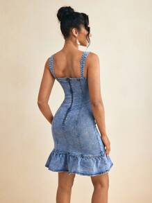 Fastlane Washed Denim Ruffle Hem Sweetheart Neckline And Triangle Straps Knee Length Midi Dress - Baby Blue - View 2