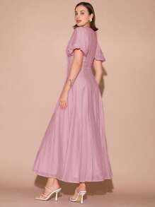 Enchnt Women's Solid Color Round Neck Short Puff Sleeve Elegant Dress,Summer Dresses For Women