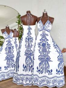 Plus Size Women Floral Print Halter Loose Long Dress, Vacation Beach Outfit