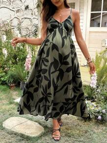 SHEIN Maternity Random Printed Simple Daily Spaghetti Strap Dress For New Year Clothes - Army Green - View 1