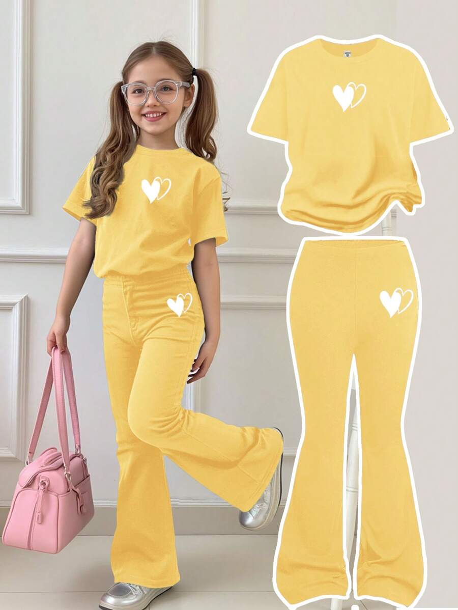 SHEIN Leap Crew 青少年女孩休闲简约短袖和裤子两件套，适合夏季 - 黃色 - 查看 1