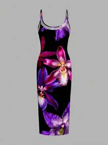 SHEIN EZwear 休闲简约度假紫色花卉印花紧身吊带长裙，适合夏季 - 彩色 - 查看 2