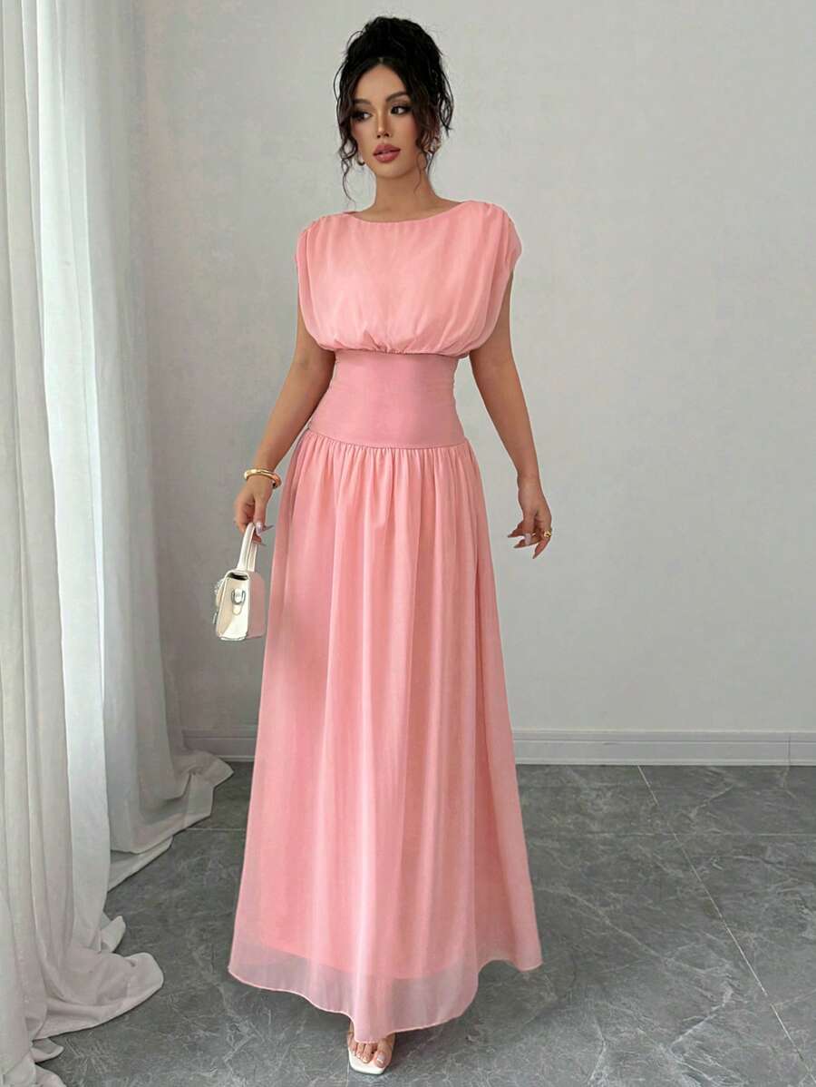 Váy dài thanh lịch, vải chiffon xếp li vát eo Elenzga kiểu Pháp cho nữ vào mùa xuân/hè, trang phục dự tiệc cho nữ, thanh lịch, phù hợp để đi làm hàng ngày, lễ hội âm nhạc, mặc ngày lễ - Hồng - Xem 1