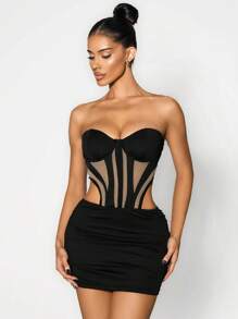 Sirith 春季性感女士镂空拼接钢圈文胸罩杯鱼骨褶皱迷你连衣裙 - 黑色 - 查看 5