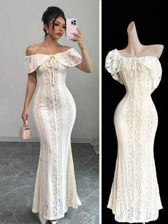  Rafferiza Women's Off Shoulder High Elastic Lace Sexy Romantic Elegant Wedding Guest Concert Outfit Birthday Graduation Beach Women Outfits Evening Dress Embroidered Concert Outfit Women Aura Style Vacation Travel Wedding Art Photo Lace 2025 Spring/Summer Bodycon Maxi Dress Fall Cloth For Women