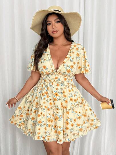 Lyrianda Plus Size Women Summer Chiffon Floral Print Ruffle Sleeve Midi Dress