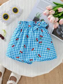 女童蓝白樱桃格子编织短裤，带荷叶边腰部、蝴蝶结装饰和不对称下摆 - 藍色 - 查看 1
