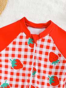 SHEIN 女婴沙滩格纹草莓印花连体泳衣