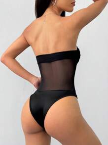 SHEIN EZwear Women's Solid Color Mesh Splice Bodysuit, Sexy Sleeveless Form-Fitting