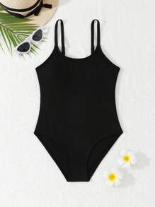 SHEIN Tween Girls' Solid Color Textured Fabric & Fashionable Swimsuit Summer Holiday