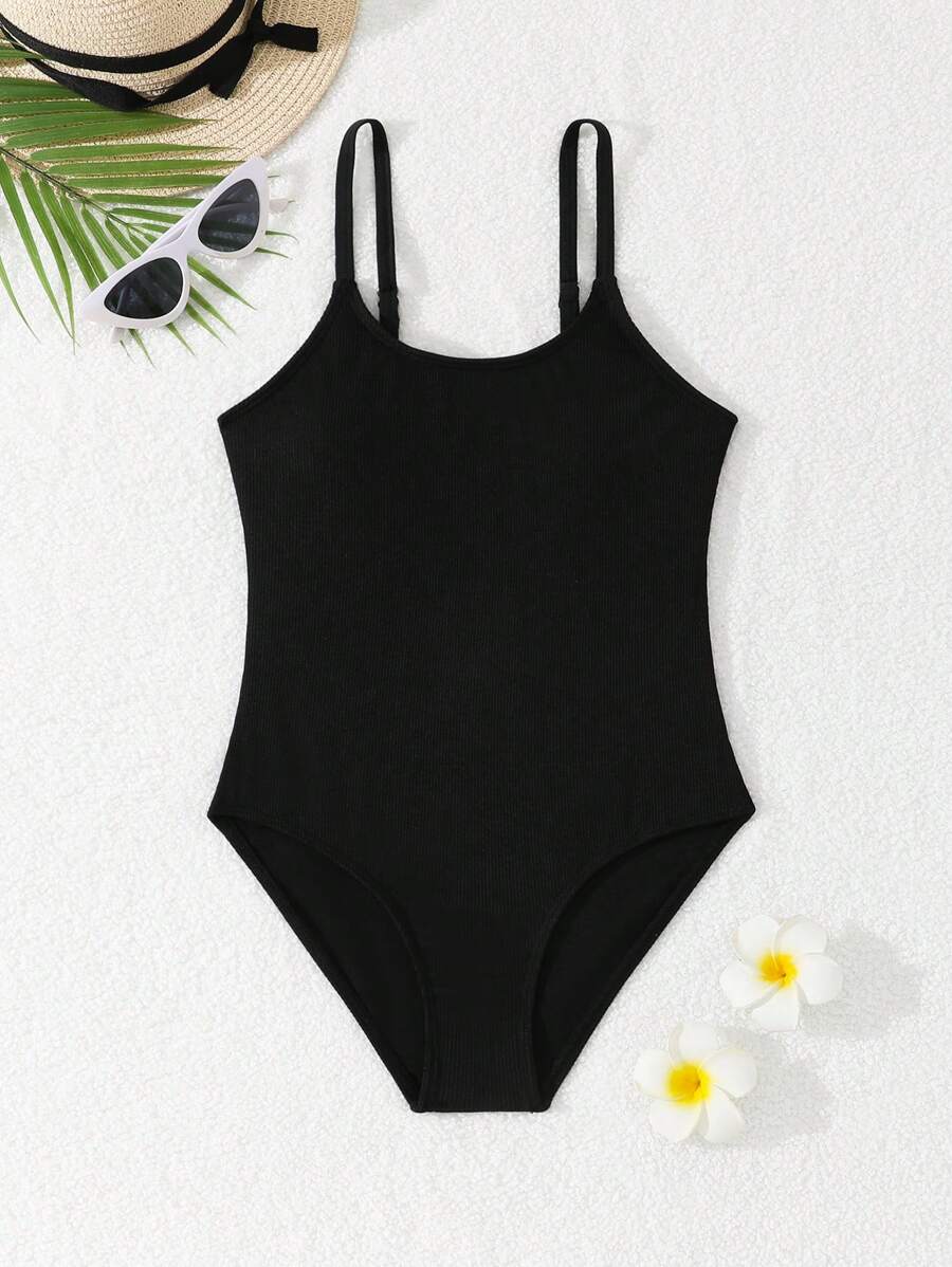 SHEIN Vải kết cấu màu trơn dành cho bé gái tuổi mới lớn & đồ bơi thời trang - màu đen - Xem 1