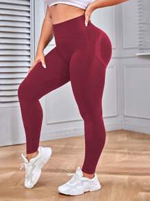 Easithlete Plus Size Solid Color High Waist Seamless Leggings - Burgundy - View 1