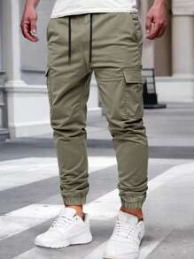 Manfinity Homme Einfarbige Cargo-Hose mit Kordelzug in der Taille, figurbetonter Passform, plissiert, mit mehreren Taschen, lässig, Herbstkleidung