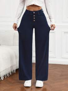 SHEIN PETITE Women's Button Front Pocket Wide Leg Loose Casual Jeans