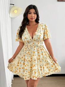 Lyrianda Đầm midi tay bèo họa tiết hoa mùa hè cỡ lớn cho nữ - Nhiều màu - Xem 6